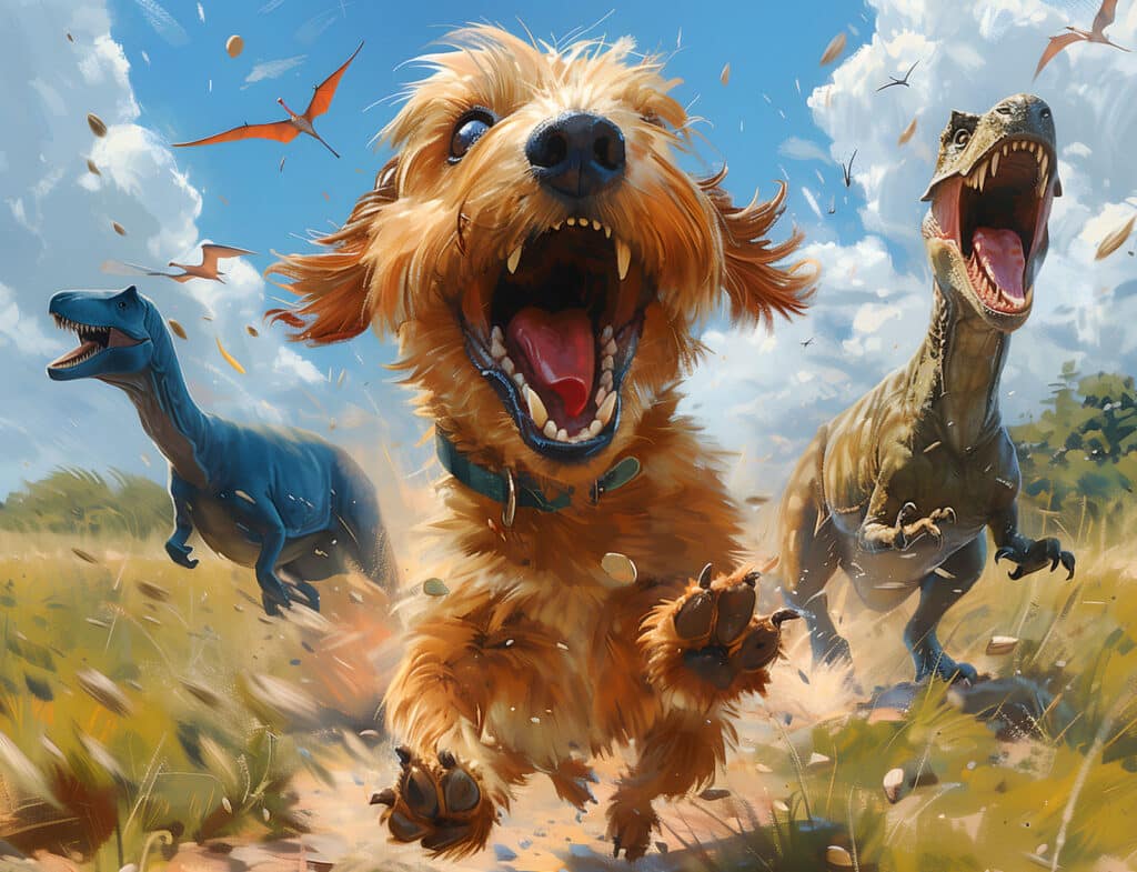 Alameda Post - a whimsical image of a dog running with dinosaurs