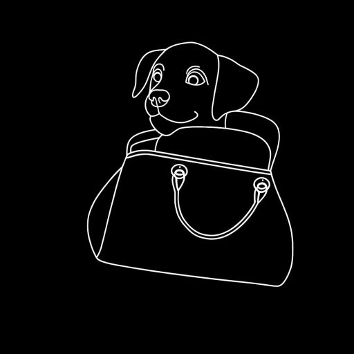 The Favicon for the website, dogsandpurses(dot)com, features an all-black background with a minimalist line drawing of a puppy's head poking out of a stylish purse. The puppy's head is drawn with a cute and friendly expression, making it the focal point of the design. The purse, which the puppy is emerging from, is depicted with clean, elegant lines. The contrast between the black background and the white line drawing creates a striking and modern look for the Favicon.