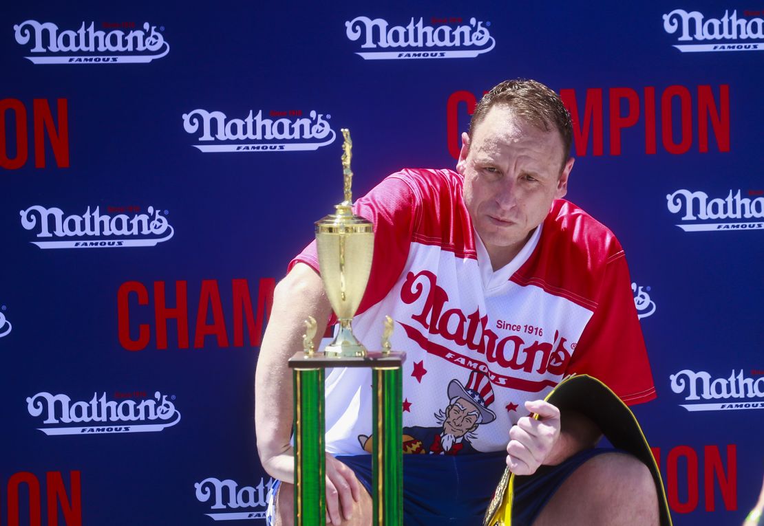 Joey Chestnut after winning the 2022 hot dog eating contest.