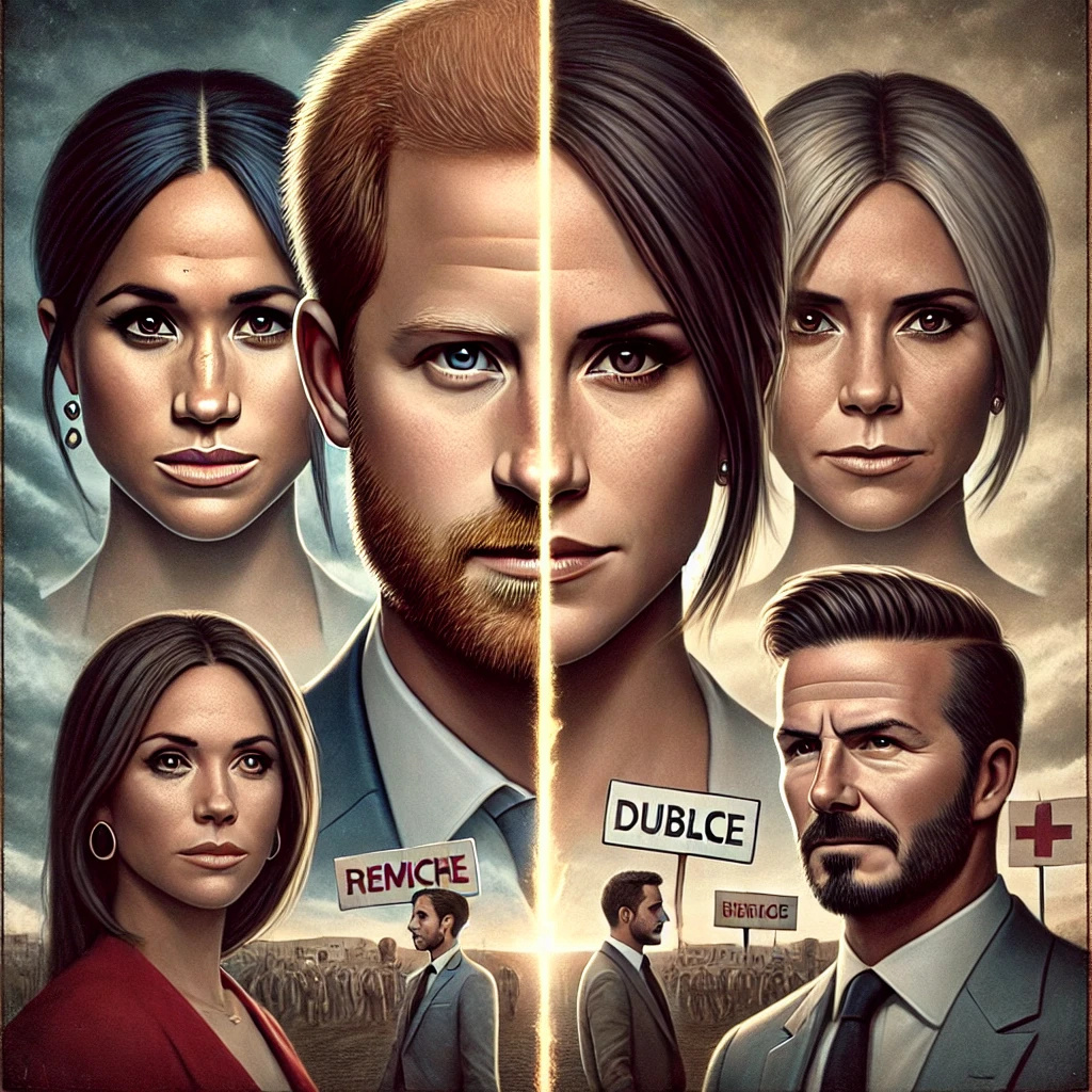 AI created photo image representing the impact on relationships between Meghan Markle, Prince Harry, Victoria Beckham, and David Beckham. The visual cues in the image illustrate the tension and misunderstandings that affected their interpersonal dynamics and public interactions. The image was created for the section, "Impact on Relationships," in the article published by Dogs And Purses, "Meghan Markle Reportedly Requested Free Clothes and Handbags from Victoria Beckham: What Happened?"