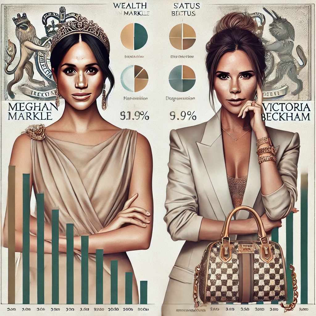 An AI created photo image representing the wealth and status comparison between Meghan Markle and Victoria Beckham. The image visually depicts the contrast in their financial standings, highlighting both their sophisticated styles and the luxurious elements associated with their public personas. The image was created for the section, "Wealth and Status Comparison," in the article published by Dogs And Purses, "Meghan Markle Reportedly Requested Free Clothes and Handbags from Victoria Beckham: What Happened?"