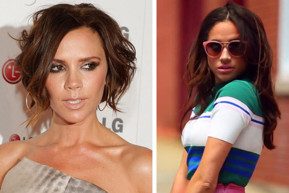 The lede image to the Dogs And Purses article, "Meghan Markle Reportedly Requested Free Clothes and Handbags from Victoria Beckham: What Happened?" Victoria Beckham (left) and Meghan Markle (right) in a split image. Victoria, with a short, wavy bob hairstyle, is dressed in an off-the-shoulder, metallic-patterned dress, attending an event with a neutral background featuring an LG logo. Meghan, sporting long, wavy hair and wearing pink sunglasses and a colorful, striped top, poses outdoors against a blurred urban backdrop. The image highlights both women’s distinct fashion styles.