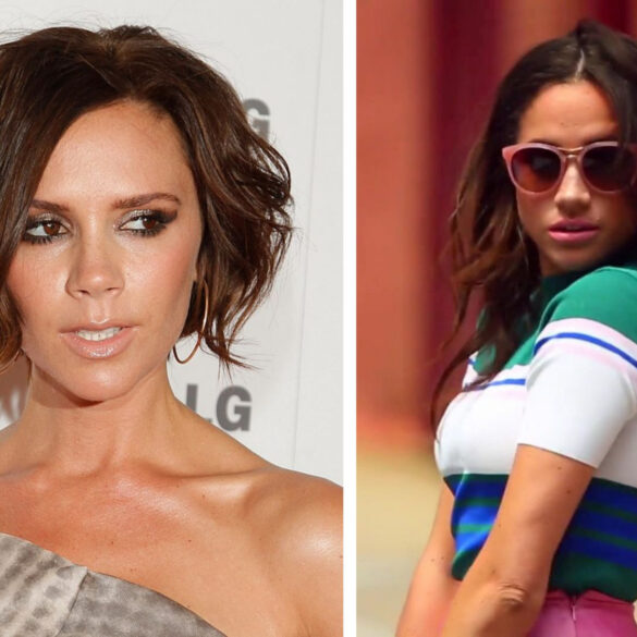 The lede image to the Dogs And Purses article, "Meghan Markle Reportedly Requested Free Clothes and Handbags from Victoria Beckham: What Happened?" Victoria Beckham (left) and Meghan Markle (right) in a split image. Victoria, with a short, wavy bob hairstyle, is dressed in an off-the-shoulder, metallic-patterned dress, attending an event with a neutral background featuring an LG logo. Meghan, sporting long, wavy hair and wearing pink sunglasses and a colorful, striped top, poses outdoors against a blurred urban backdrop. The image highlights both women’s distinct fashion styles.