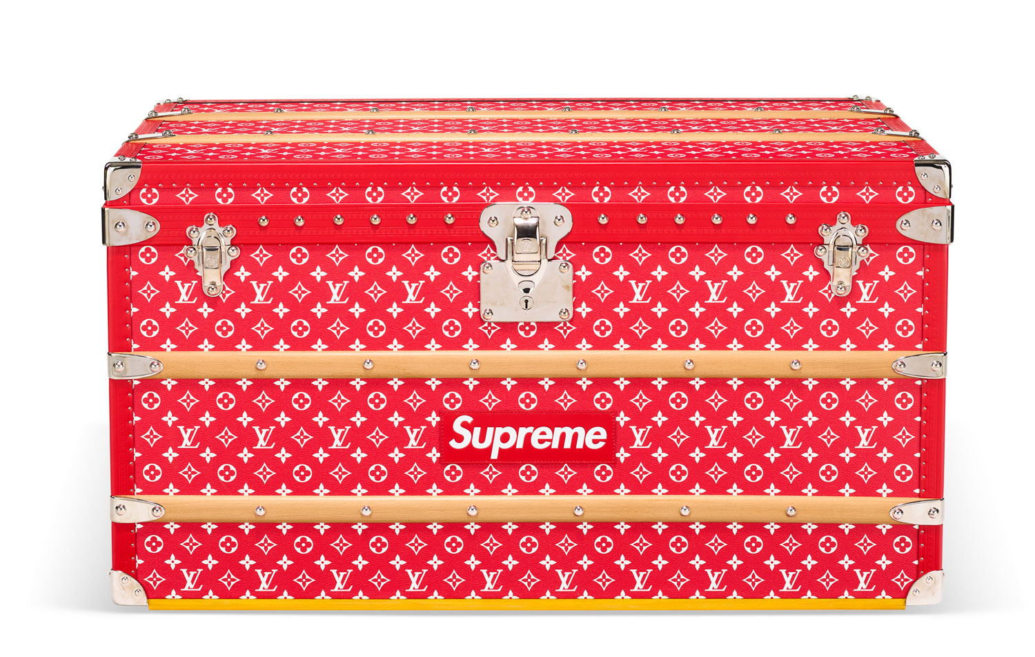 A limited edition red and white monogram Courrier Trunk 90 with silver hardware by Supreme.