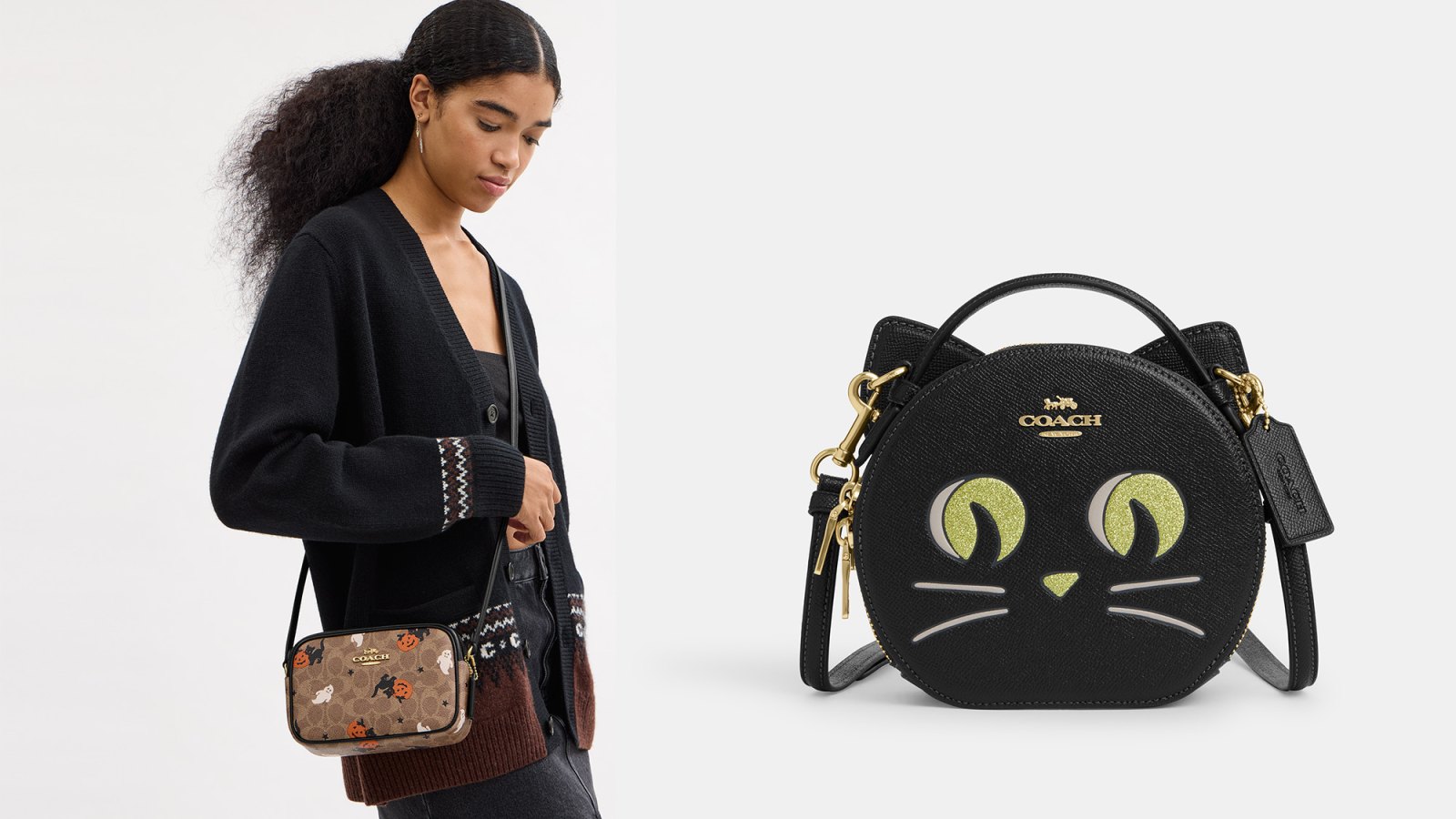 a woman with a purse next to a cat shaped bag