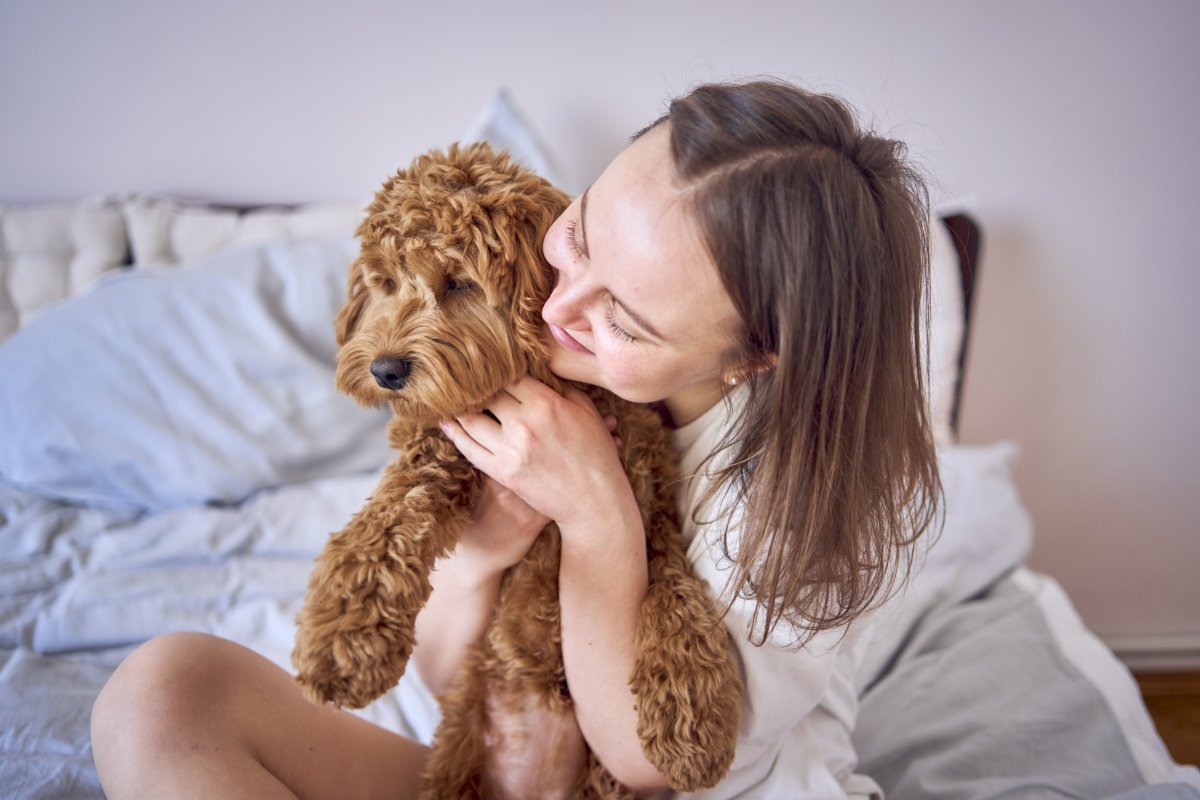 Woman Cuddles Cockapoo Dog Bed