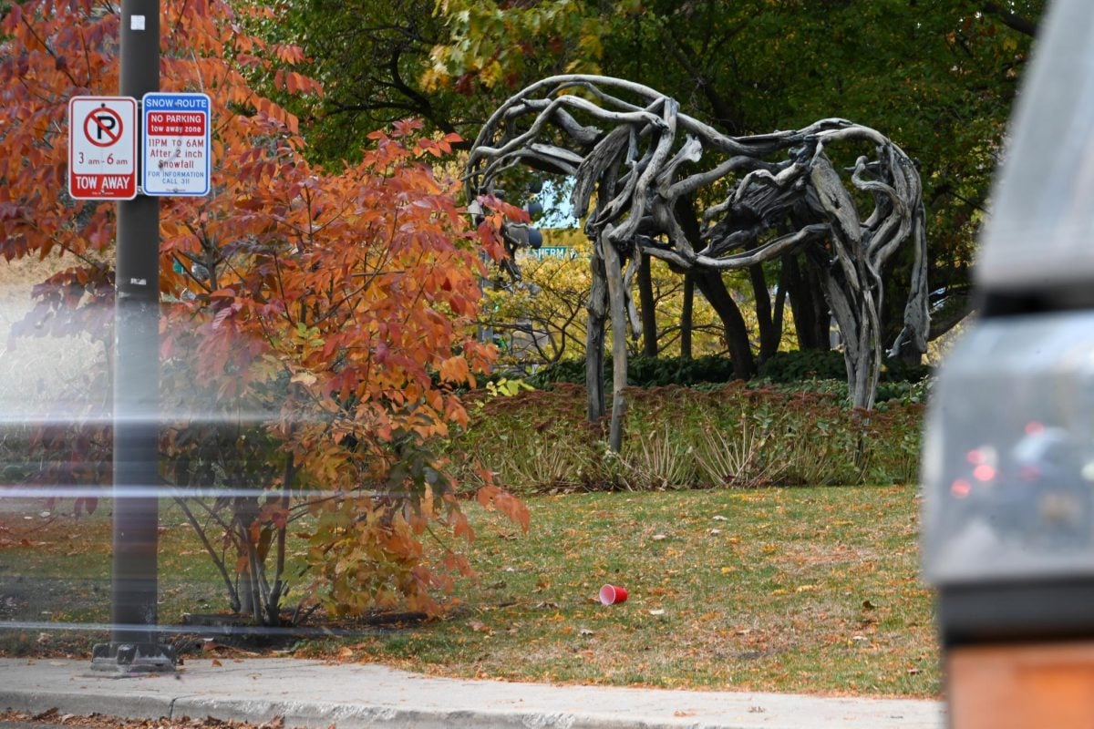 A car passes a horse-like sculpture near a downtown Evanston intersection on Monday. City Council mulled rules on dog breed discrimination and horse-drawn carriages.