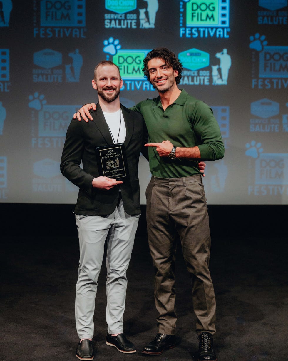 justin baldoni and ﻿spencer matches on stage at film festival, spencer holds his award