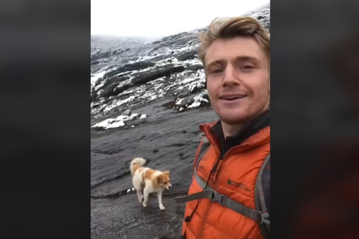 Hiker with a dog in Peruvian mountains.