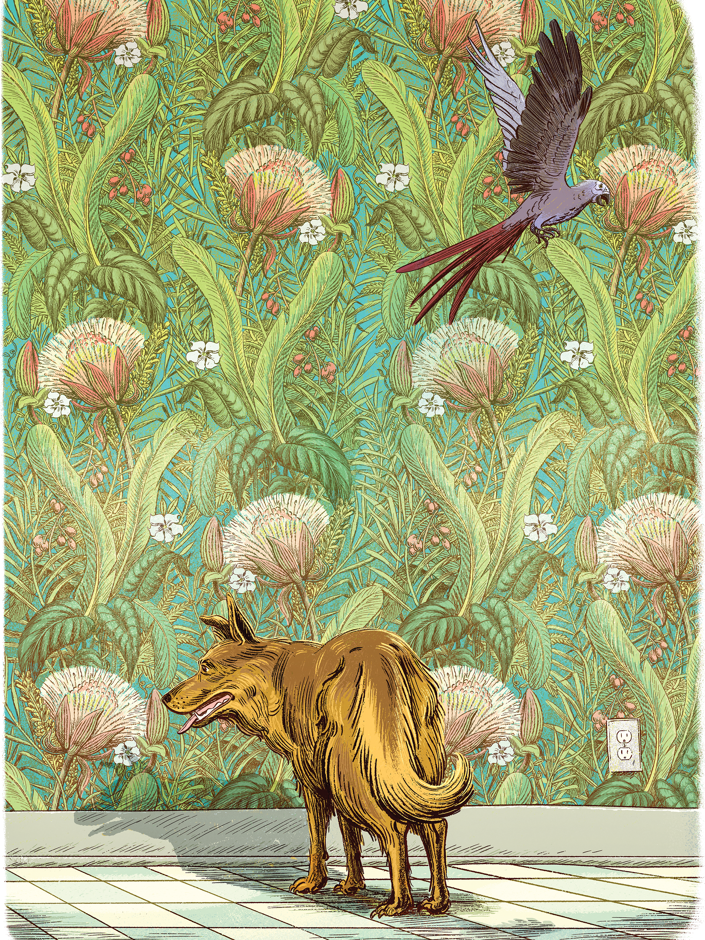 A dog and bird against a wall with a floral wallpaper.