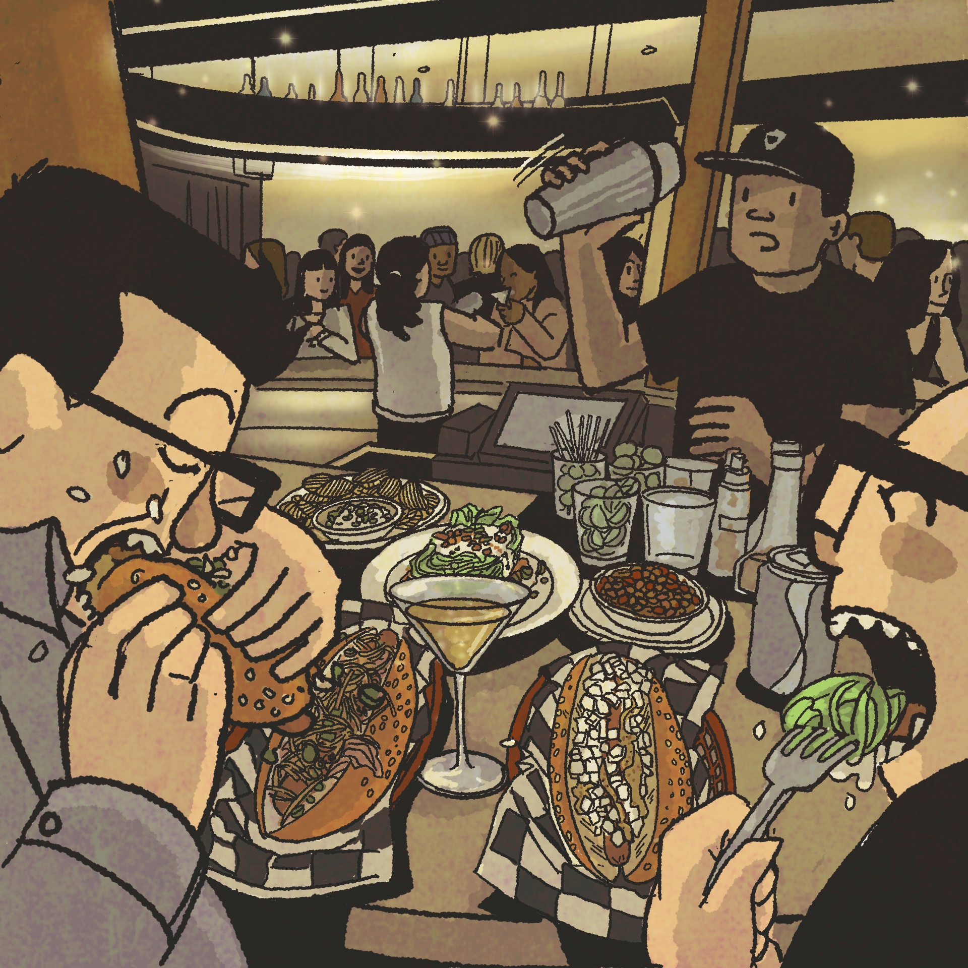 Illustration: Two men seated at a bar devour a spread of hot dogs.