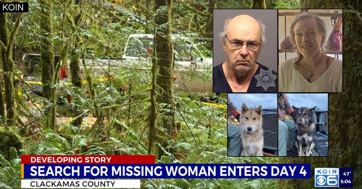 Insets: Michel Fournier, Susan Lane-Fournier and her two dogs (Clackamas County Sheriff’s Office). Background: Susan Lane-Fournier's abandoned truck in Mount Hood National Forest (KOIN/YouTube).