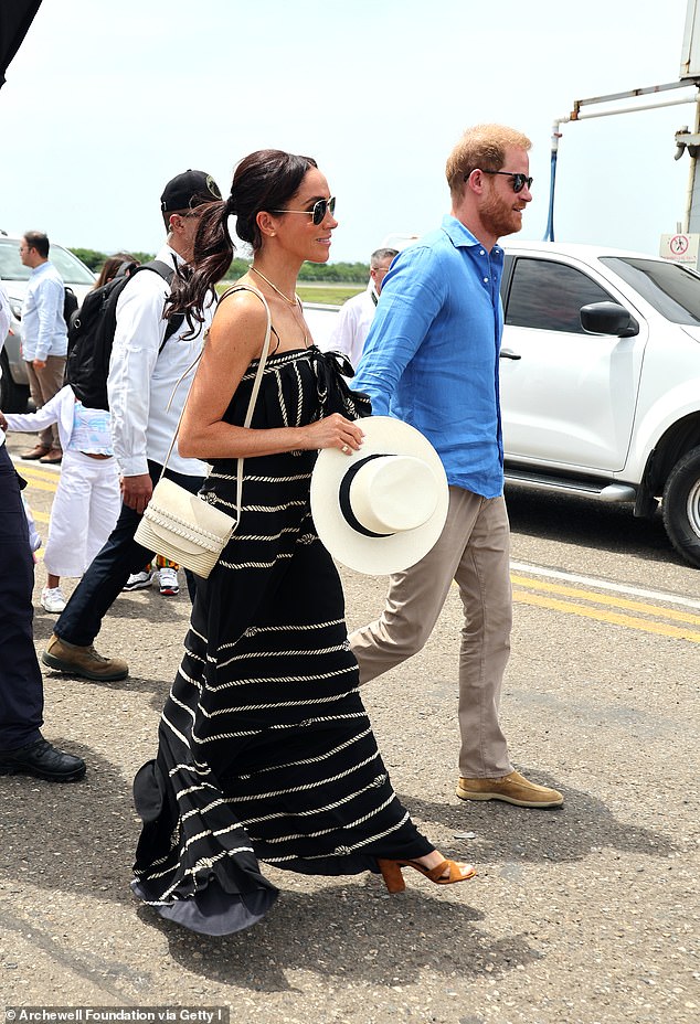 Meghan Markle with a Cesta bag on a dinner date with Prince Harry in Columbia in August