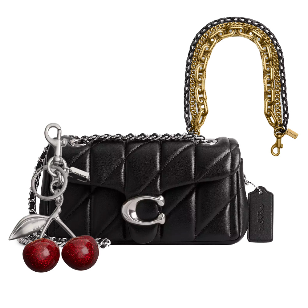 black coach tabby bag with cherry charm and extra chains