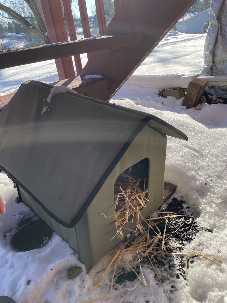 A temporary shelter for stray and feral cats, insulated with straw, outside a Canton home.