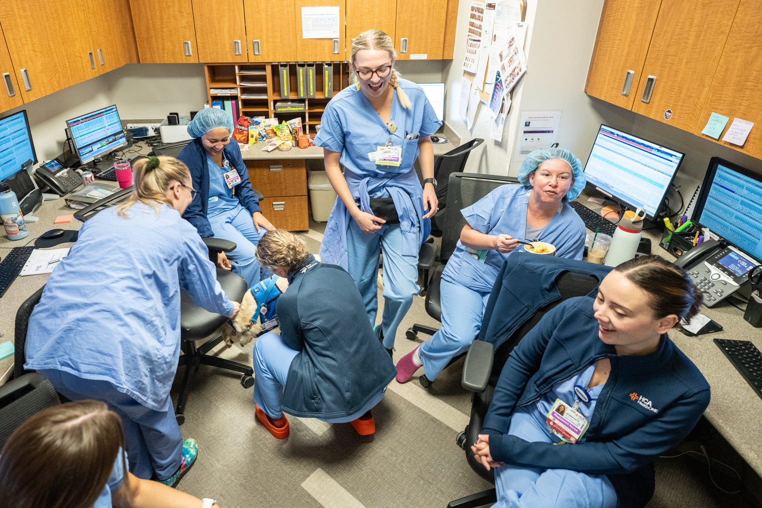 A photo of nurses in scrubs petting Peppi while on break at a hospital.