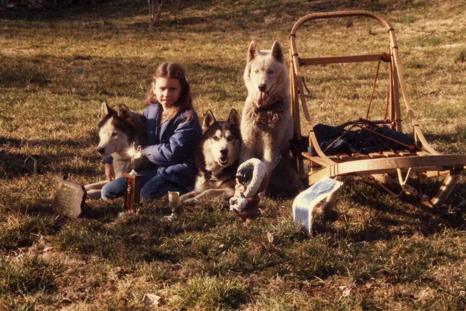 a young girl with pigtails sits with a dog sled, various trophies, and three sled dogs