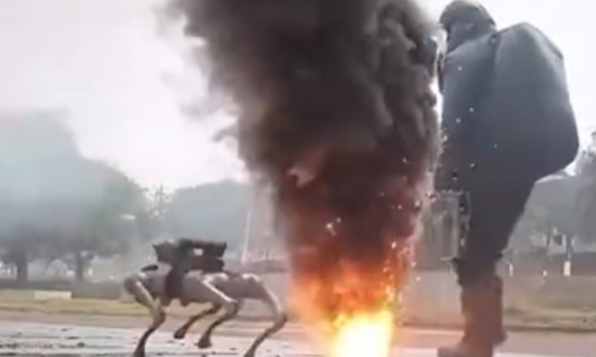 A robot dog participates in a nuclear, biological and chemical defense and emergency rescue exercise conducted by a brigade attached to the 73rd Group Army of the Chinese People’s Liberation Army at an undisclosed date in a training ground. Photo: Screenshot from China Central Television