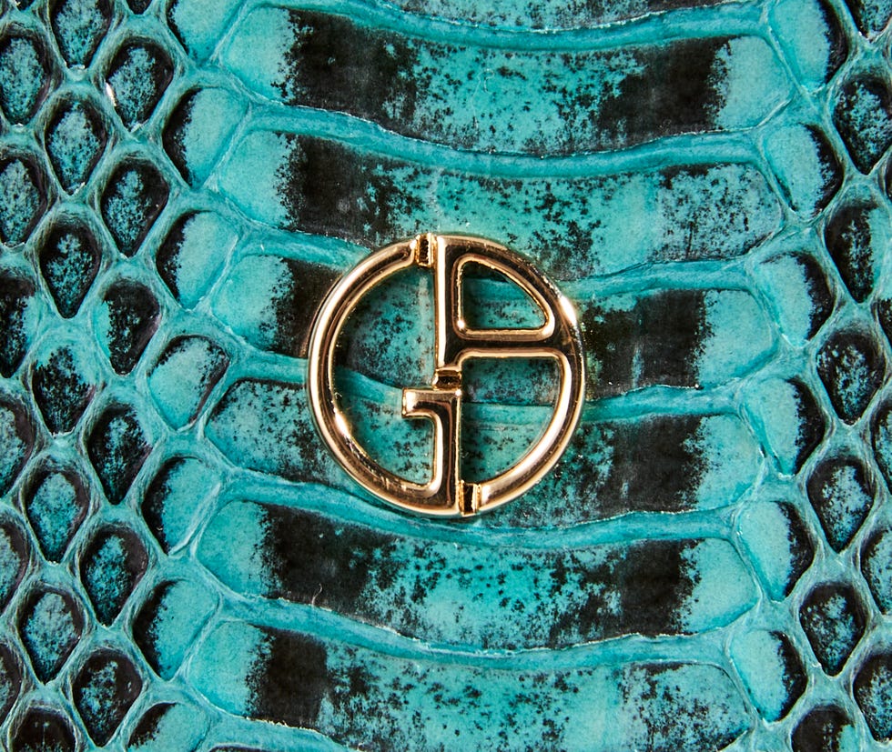 Golden logo on turquoise reptile skin.