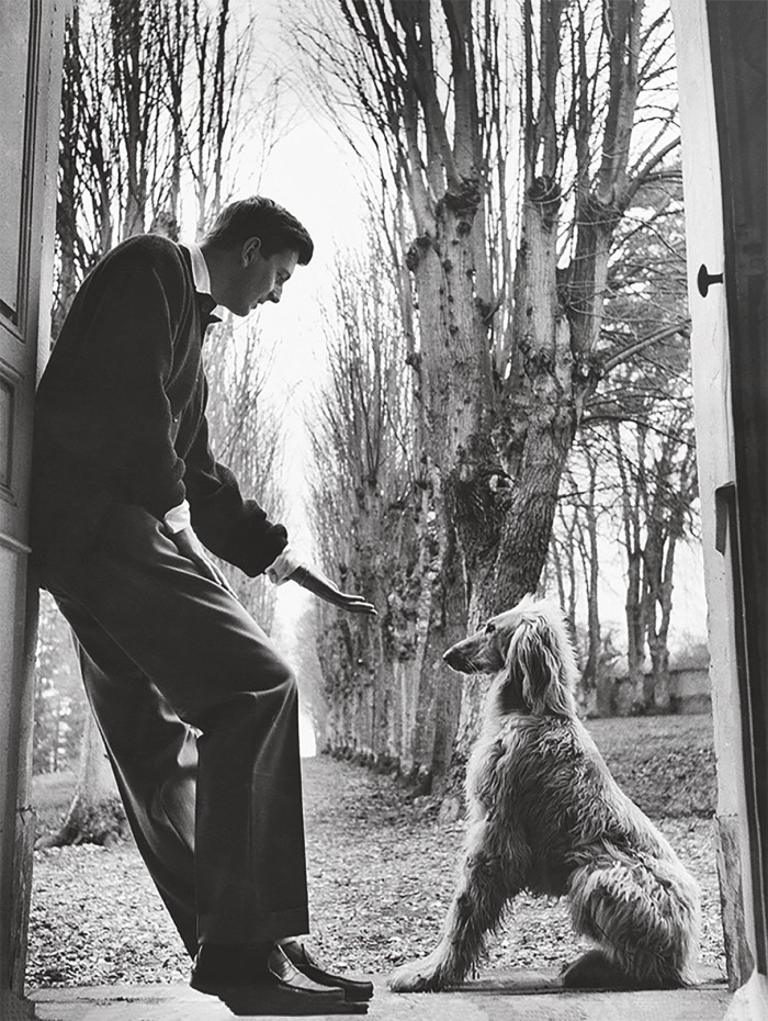 Fashion designer Hubert de Givenchy with his Afghan hound in 1955