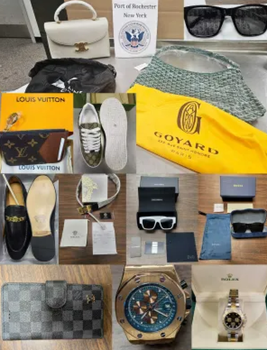 A conglomeration of photos shoes sunglasses, watches, shoes and handbags bearing the insignias of Rolex, Goyard and Louis Vuitton.