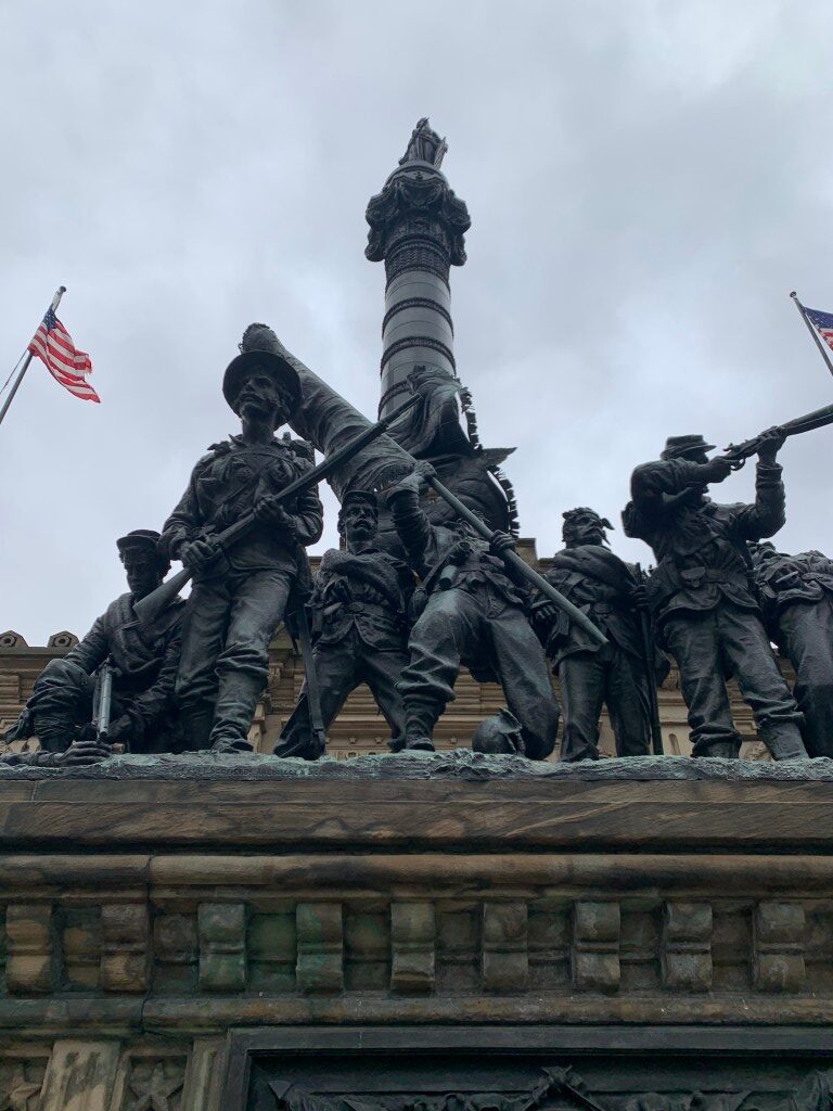 The statues depict Civil War soldiers form Cuyahoga County in battle.