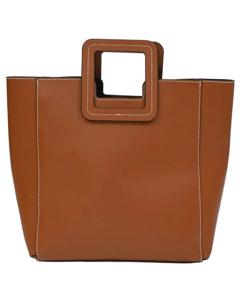 Brown leather handbag with a square top handle.