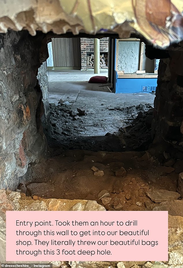 In a social media post, Dress Cheshire said: 'Took them an hour to drill through this wall to get into our beautiful shop'